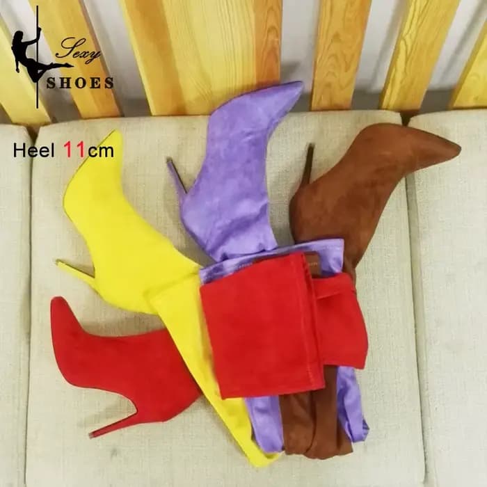 Daim Sexy sur le genou cuissardes longues bottes bout pointu extensible Sexy fête dame bottes couleur bonbon automne Winte chaussures pour femmes