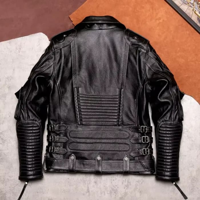 Blouson de moto en cuir marron pour homme