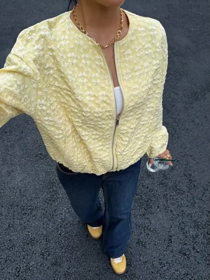 Femmes jaune Jacquard veste mode col rond fermeture éclair manches longues ample recadrée manteau dame décontracté haute rue vêtements d'extérieur quotidiens