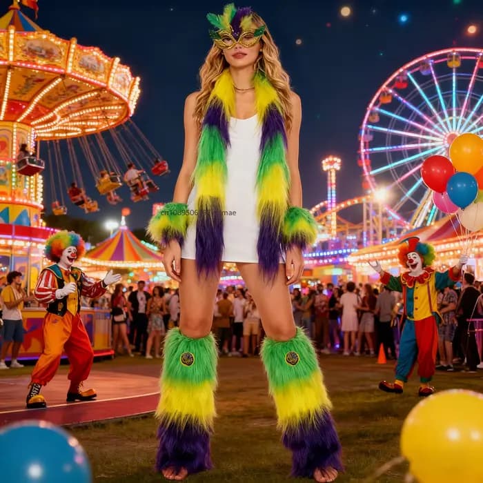 Accessoires de costume de carnaval : cache-visage festif, gants, guêtres et écharpe pour déguisement de Mardi Gras et fête de fin d'année