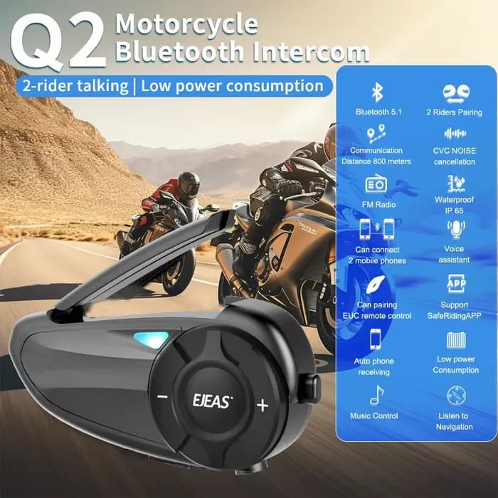 Casque Intercom Moto EJEAS Q2 Bluetooth 5.1 Sans Fil Étanche pour 2 Motocyclistes