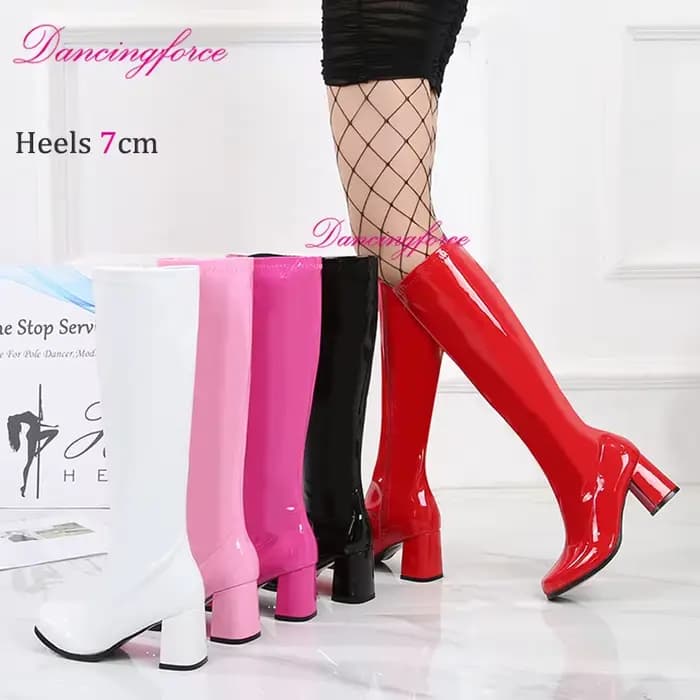 Bottes hautes vernies rouge, blanc et rose, style Go-Go années 60-70, pour femme, à talons carrés, chaussures de soirée GoGo, bout carré
