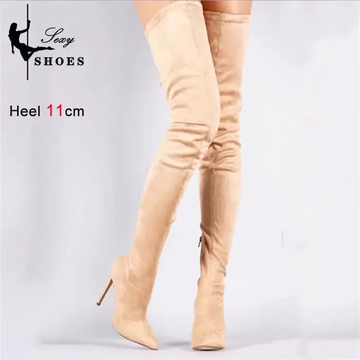 Daim Sexy sur le genou cuissardes longues bottes bout pointu extensible Sexy fête dame bottes couleur bonbon automne Winte chaussures pour femmes