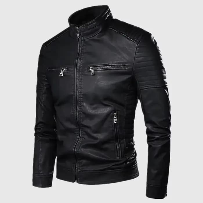 Veste en cuir de motard pour hommes col montant Punk