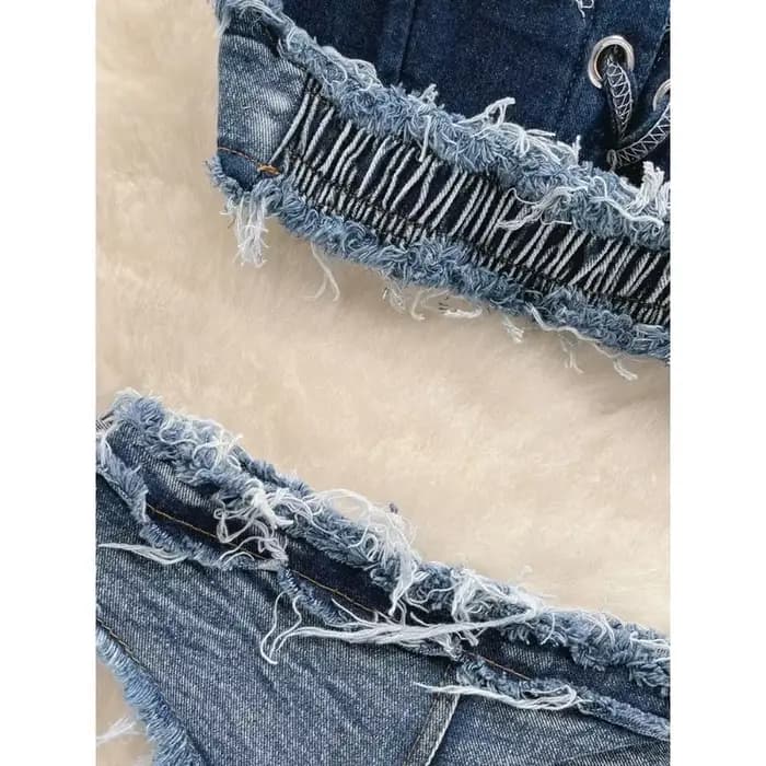 Maillot de bain femme sexy en jean, ensemble bikini à lacets et cordon de serrage, tenue de plage 2025, maillot de bain deux pièces vintage uni pour l'été