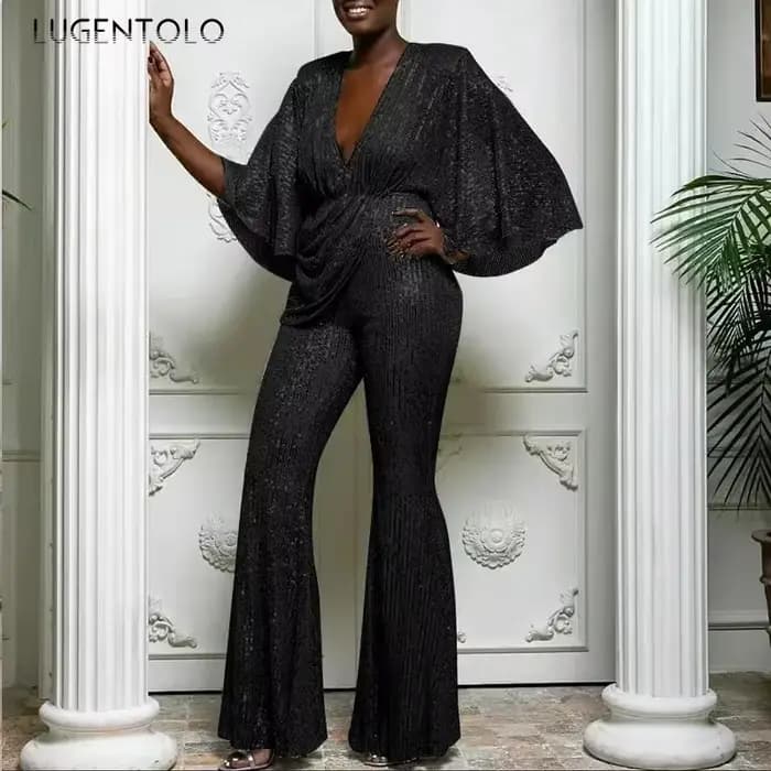 Combinaison à paillettes pour femmes, Sexy, décolleté en V profond, dos nu, élégante, mode, manches mi-longues, pantalon à jambes larges, nouvelles combinaisons de fête