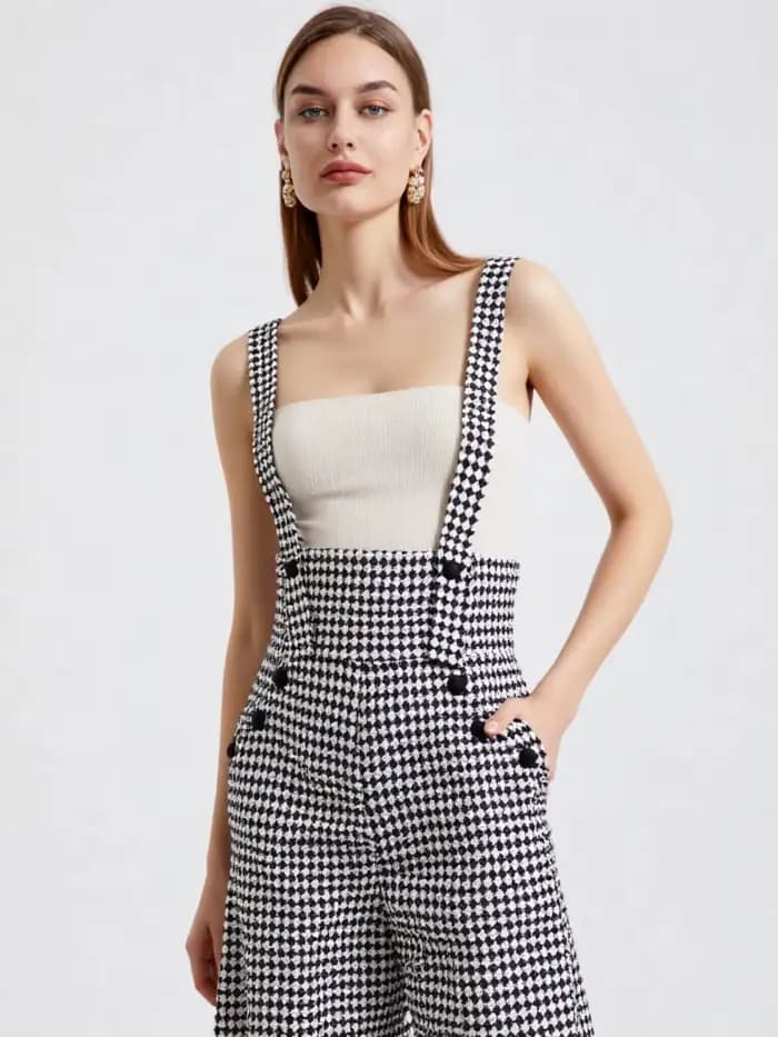 Combinaison pour femme, combinaison d'hiver, noir et blanc, vintage, pantalon à jambes larges, bretelles, pour le bureau, les trajets quotidiens, vêtements décontractés pour femmes