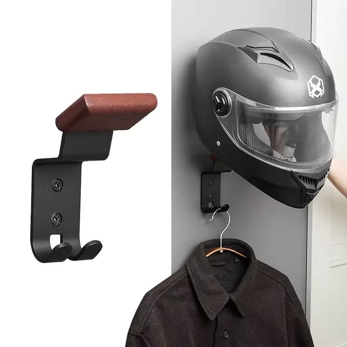 Support mural pour casque en bois et acier au carbone
