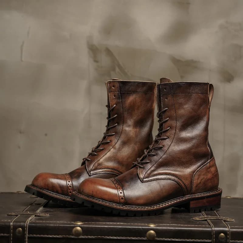 Bottes de moto en cuir véritable de vache pour hommes, chaussures richelieu rétro, bout rond haut, m