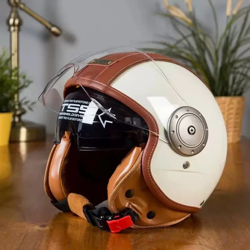 Casque de moto en cuir vintage avec double visière, casque ouvert 3/4 pour la conduite à moto avec l
