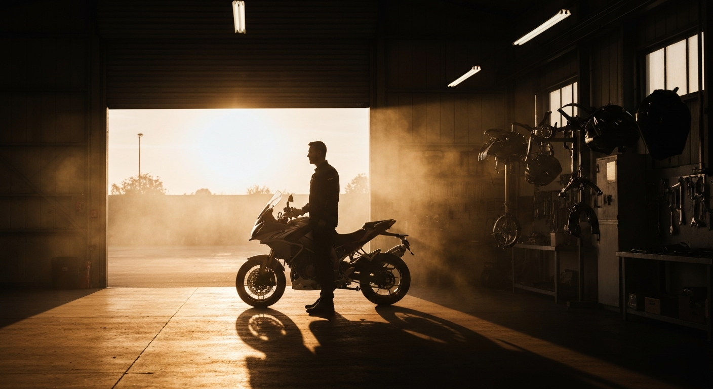 Motard en silhouette devant sa moto dans un atelier industriel, lumière dorée
