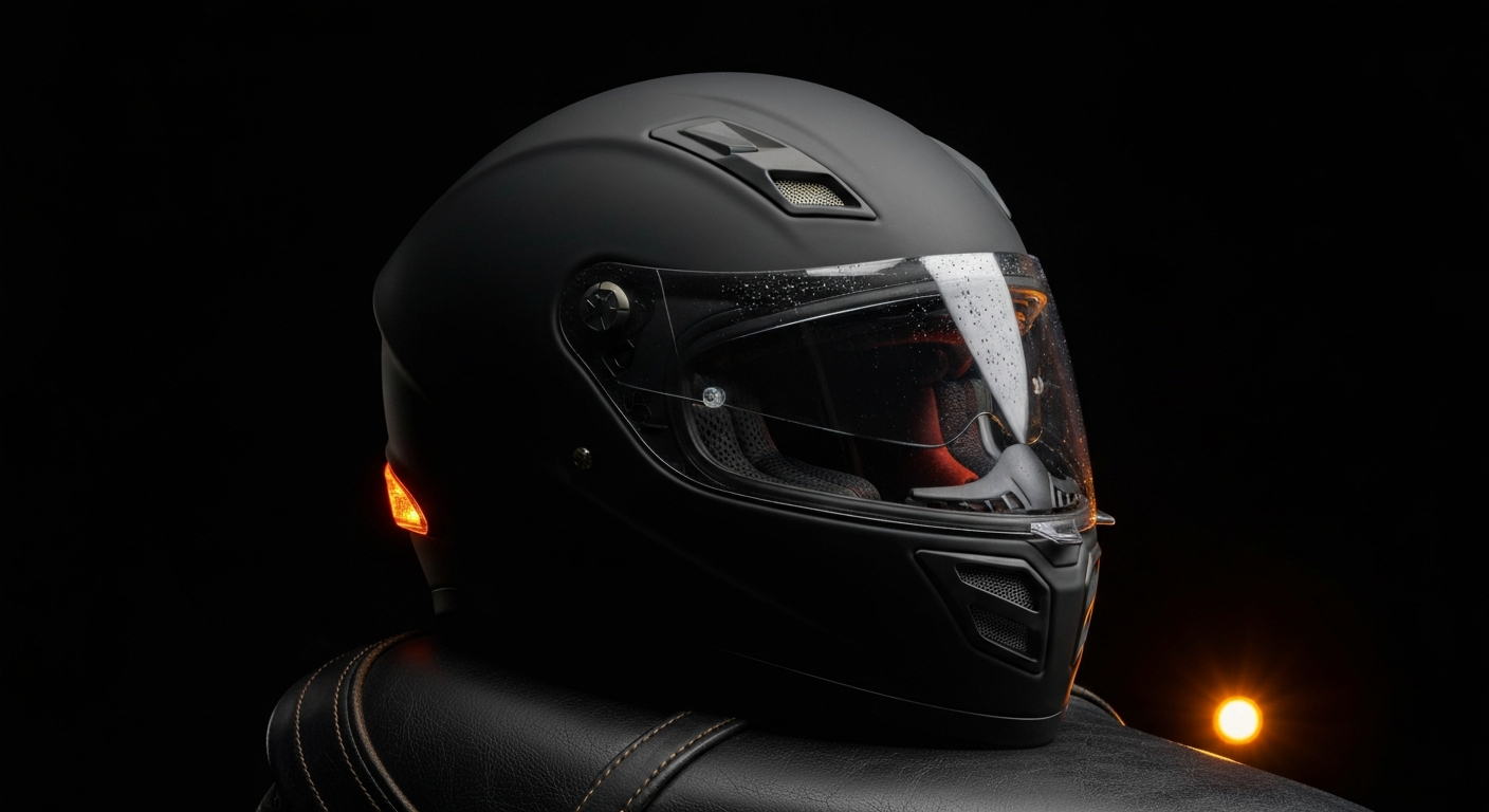 Gros plan d’un casque intégral noir mat sur une selle de moto cuir