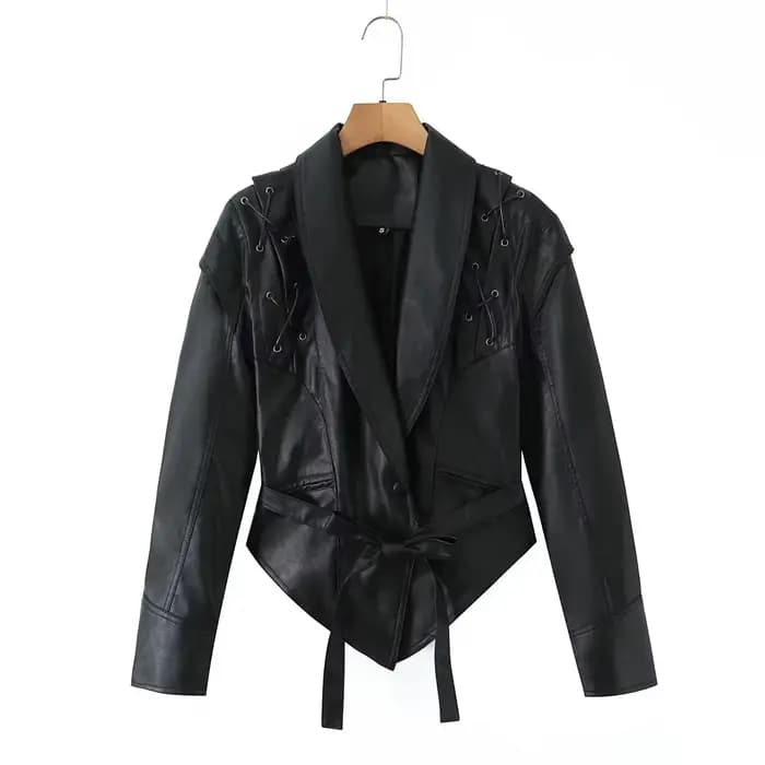 Veste en cuir rétro tendance pour femme Printemps 2026 – Style urbain, manches longues, mi-longue, c