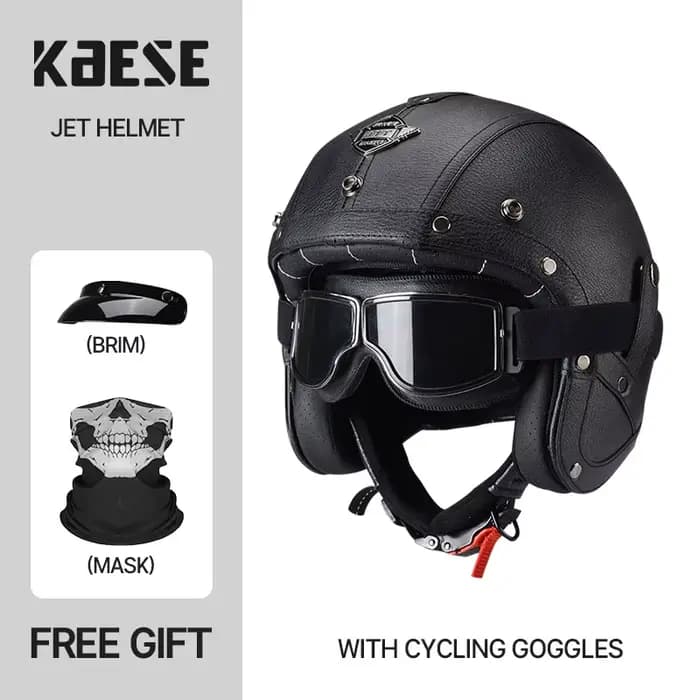 Casque de moto en cuir vintage, vieux casque de moto noir, jet Open Face Chopper, puzzles