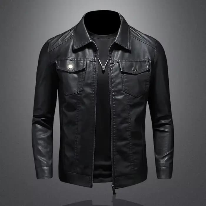 Veste en cuir pour moto pour homme, grande taille, poche, fermeture éclair noire, col à revers, coup