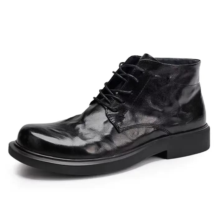 Bottes pour hommes en cuir de vachette noir froissé, à lacets, en cuir souple, bout rond, antidérapa
