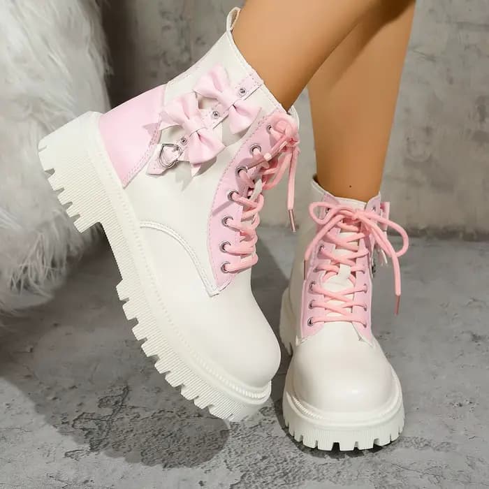 Bottines à lacets avec nœud papillon rose doux pour femme, mélange de couleurs, semelle épaisse, bon