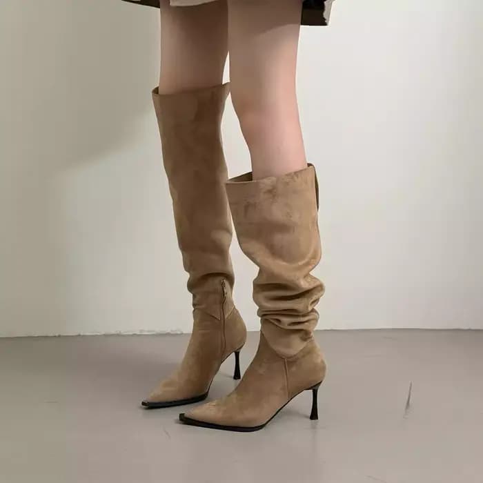 Bottes élégantes à talon fin et bout pointu pour femme, bottes superposées avec boucle de ceinture,