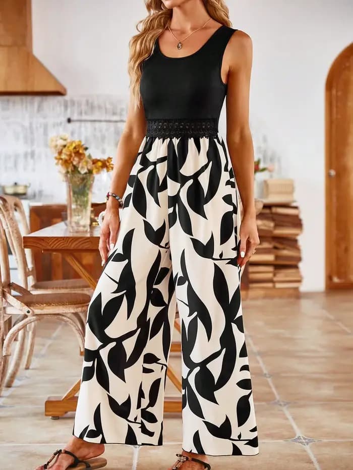 Combinaison élégante sans manches en dentelle patchwork pour femme, nouvelle mode été 2026, col rond