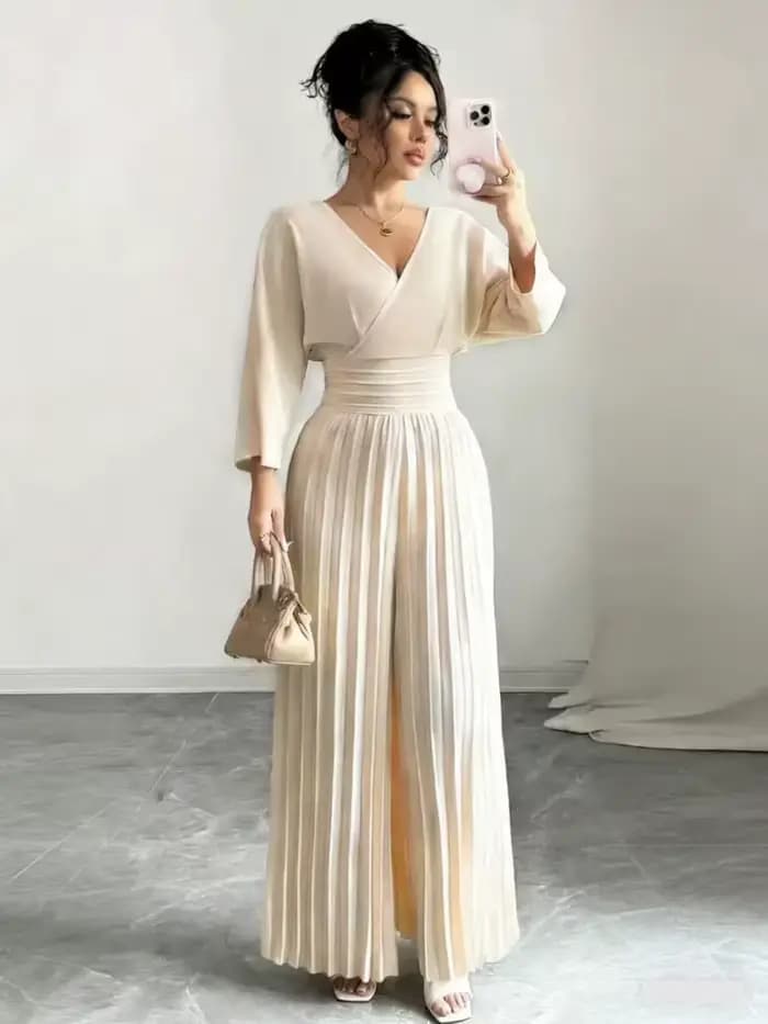 Combinaison Palazzo plissée taille haute à jambes larges, tendance 2026, col en V, élégante, pour fe