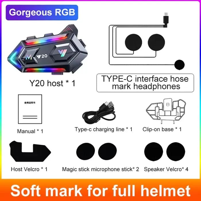 Casque Bluetooth Y20 pour moto, 1000mAh, mains libres, réduction du bruit, étanche, éclairage RGB, s