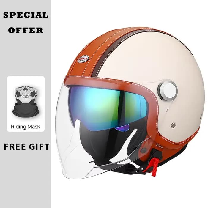Casque de moto ouvert en cuir Vintage, Double visière, approuvé DOT, demi-casque rétro 3/4 Jet pour