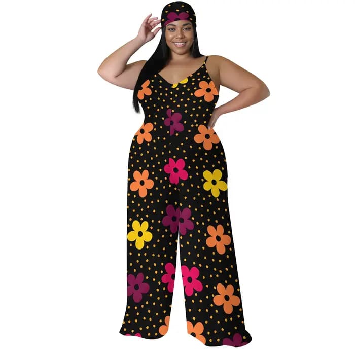 Combinaison florale grande taille – Barboteuse à jambes larges et épaules dénudées avec écharpe, pan