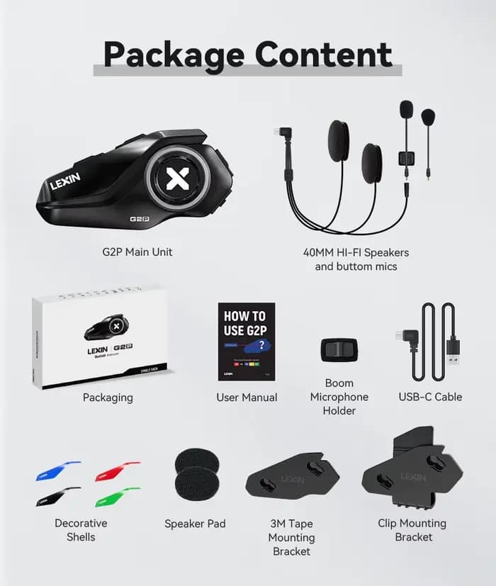 Lexin G2P moto Blutooth Interphone casque casques Bluetooth, communicateur mains libres jusqu'à 6 co
