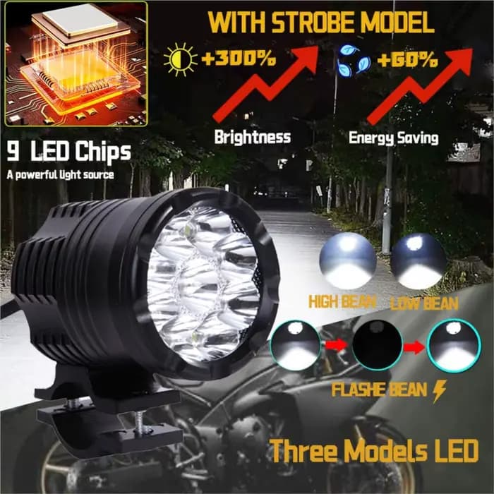 Feux LED supplémentaires pour motos, phares avant ronds à longue portée, 12-80V, 9 puces, feux antib