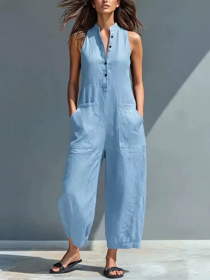 Combinaison en coton et lin pour femme, col montant, sans manches, poches, taille haute, jambes larg