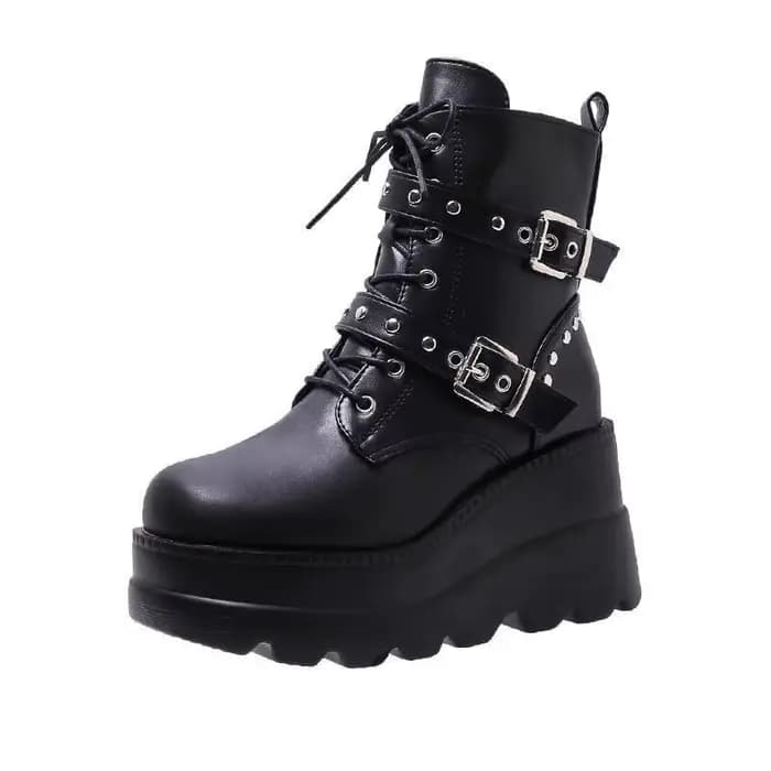 Bottes de moto mi-mollet à boucle de ceinture grande taille pour femme, bout rond, fermeture éclair