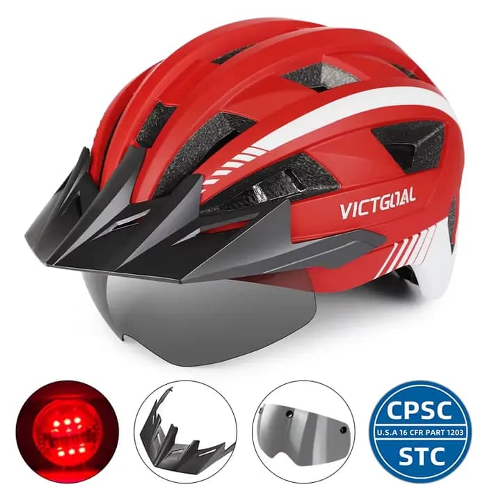 VICTGOAL -Casque de vélo VTT pour hommes et femmes, lunettes à visière, feu arrière LED, casques de