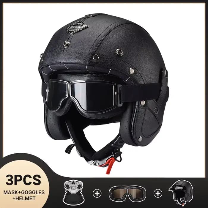 Casque De Moto en cuir noir Vintage rétro visage ouvert Chopper Casque Capacete Moto De Moto Masculi