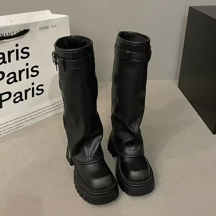 Bottes de motard à plateforme longue pour femmes, bottines hautes au genou, élégantes, à la mode et