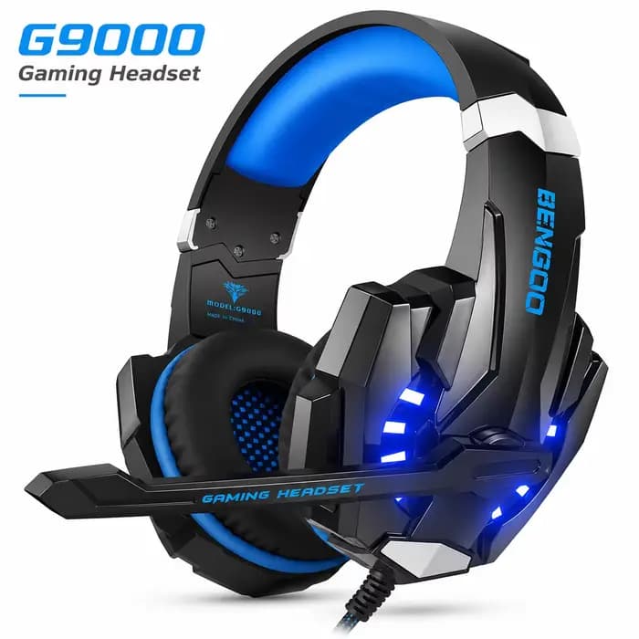 Casque de jeu filaire G9000 avec micro, casque stéréo supra-auriculaire à LED bleue pour PC PS4 PS5