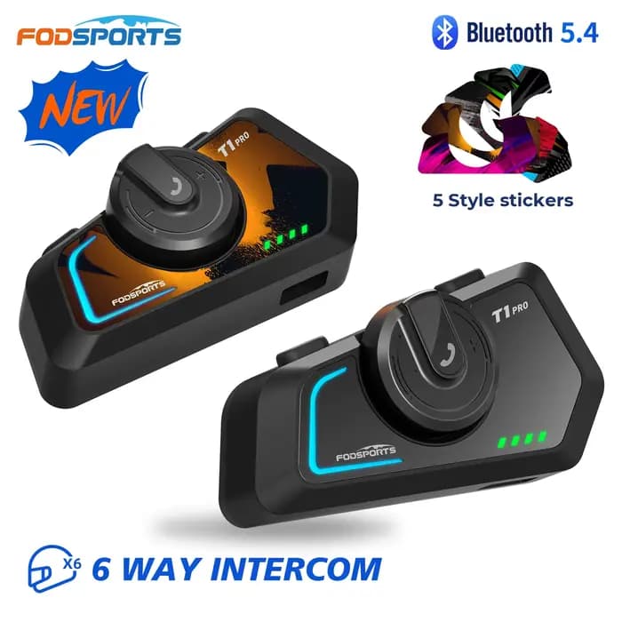 2 pièces Fodsports T1 Pro interphone de moto casque Bluetooth,Moto Intercom,6 coureurs 2000 M, BT5.4