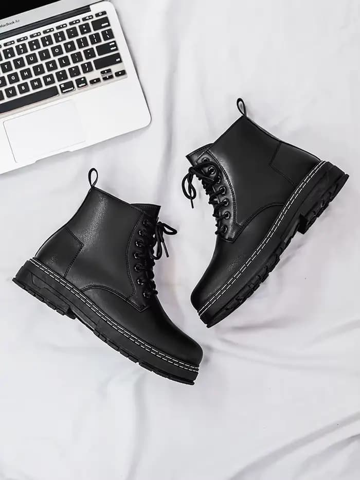 Bottes de moto en cuir verni noir pour homme, 4 saisons - Style britannique classique, bottes de ran