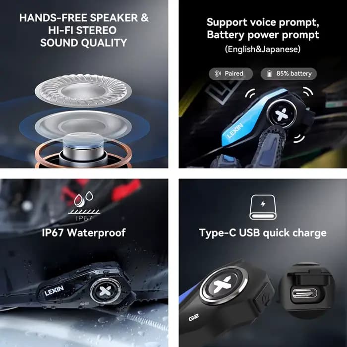 Lexin G2P 2 pièces intercomètres pour casque de moto Bluetooth V5.0 jusqu'à connecter 6 coureurs et