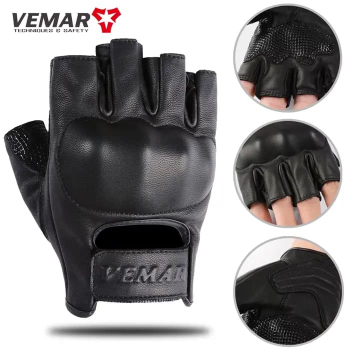 VEMAR – gants de Moto Vintage demi-doigt pour hommes, en cuir de mouton noir, sans doigts, équipemen