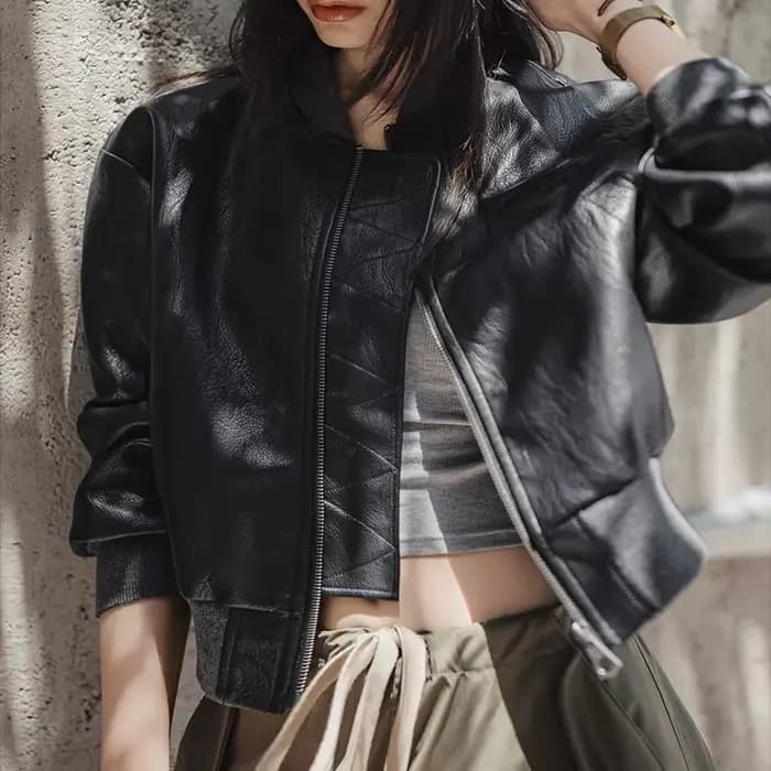 Maden – veste de motard en Faux cuir pour femme, manteau court à fermeture éclair, rétro, Streetwear