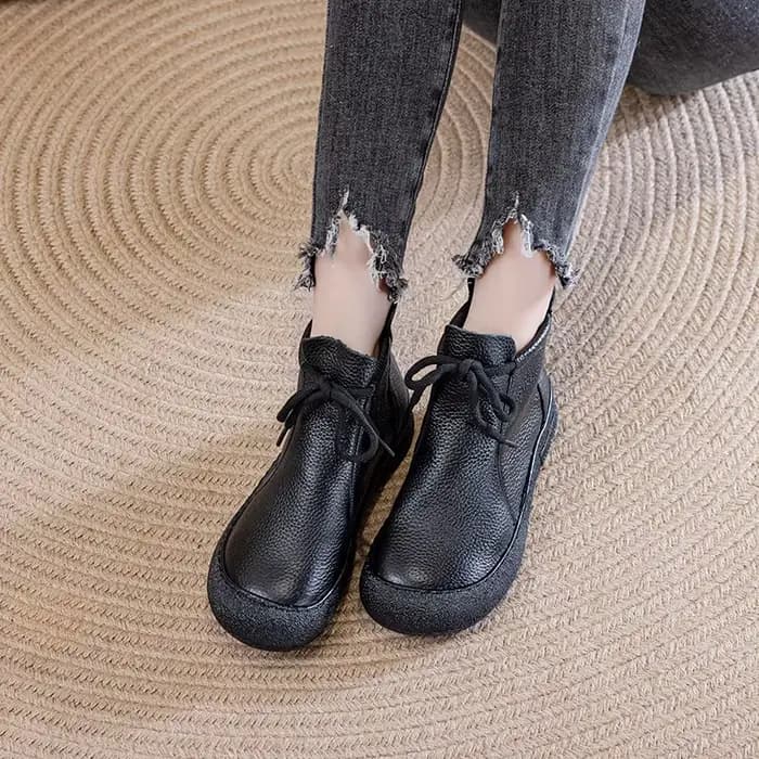 Nouvelles bottes d'hiver en cuir véritable pour femmes, bottines hautes à lacets, bottes courtes cha