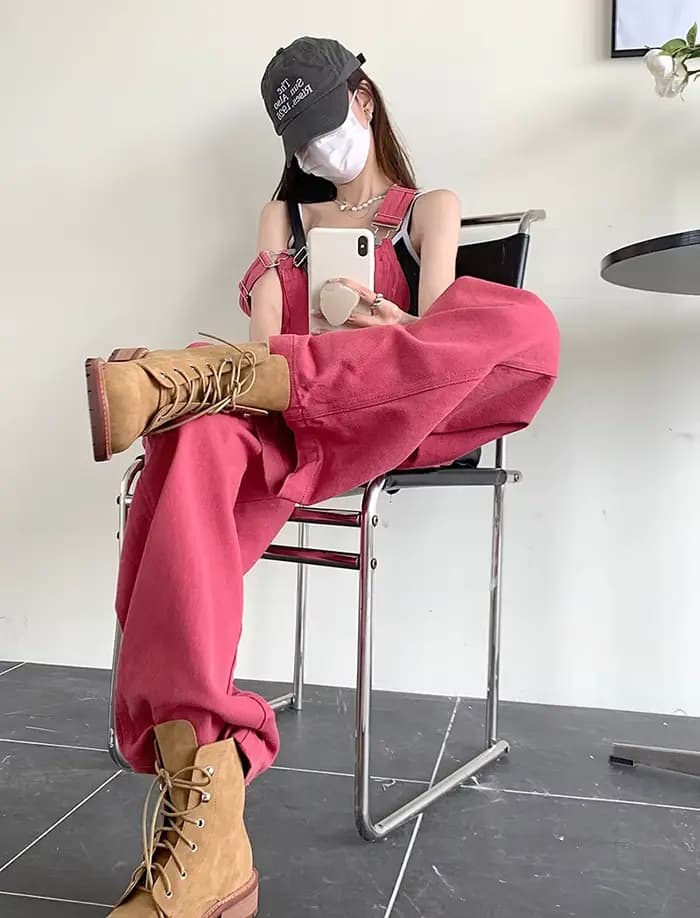 Pink Jumpsuits Women Loose Y2k Young Simple High Street Summer Leisure Vintage Washed Denim Popular