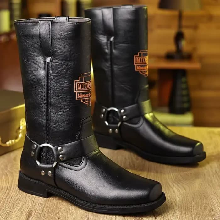 Bottes en cuir pour hommes avec manchon brodé rétro pour bottes de moto, bottes de cowboy western à