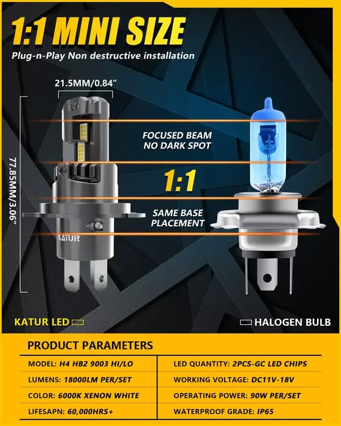 2 ampoules de phares LED H4, Mini sans fil, 100W, 20000LM, 6500K, pour phares de voiture, lampes à d