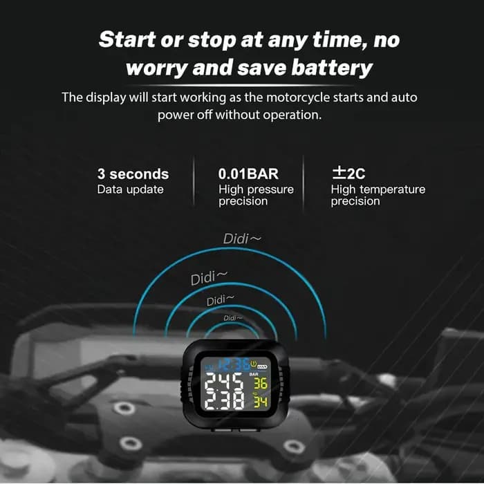 Système de surveillance TPMS de la pression des pneus de Moto, alarme de température avec 2 capteurs