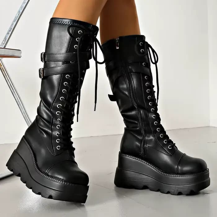 Bottes de moto style punk sombre à talon épais avec boucle de ceinture, bottes montantes pour hommes