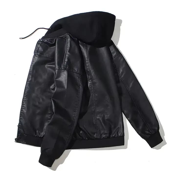 Veste à capuche en cuir PU pour hommes, manteau rembourré en coton pour moto, jeune cuir et coton