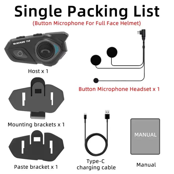 WAYXIN Casque T2 Moto Bluetooth Interphone Pour 2 Cavalier 300M Intercomunicador Moto Interphone BT
