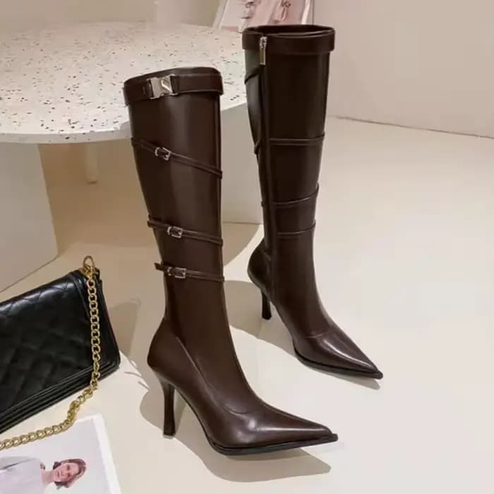 Bottes hautes à talons aiguilles, chaussures à bout pointu avec fermeture éclair latérale, boucle en