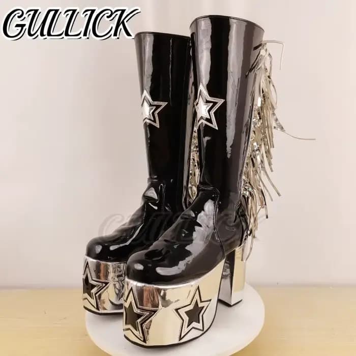 Style gothique plate-forme bottes hautes Rock Punk Rivets étoiles gland conception Botas Halloween f